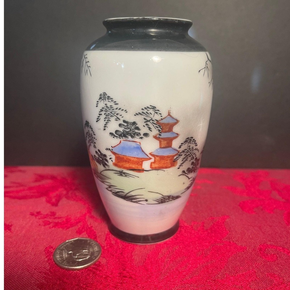 Vintage Japanese Hand Painted Porcelain Vase Pagoda and Bridge and Mountains